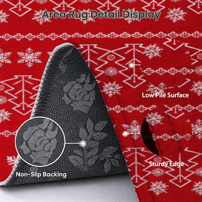 Red Christmas Tree Washable Area Rug, Red White Snowflake Non Slip Holiday Rug for Living Room