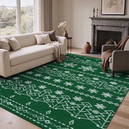 Emerald Christmas Tree Washable Area Rug, Green White Snowflake Non Slip Holiday Rug for Living Room