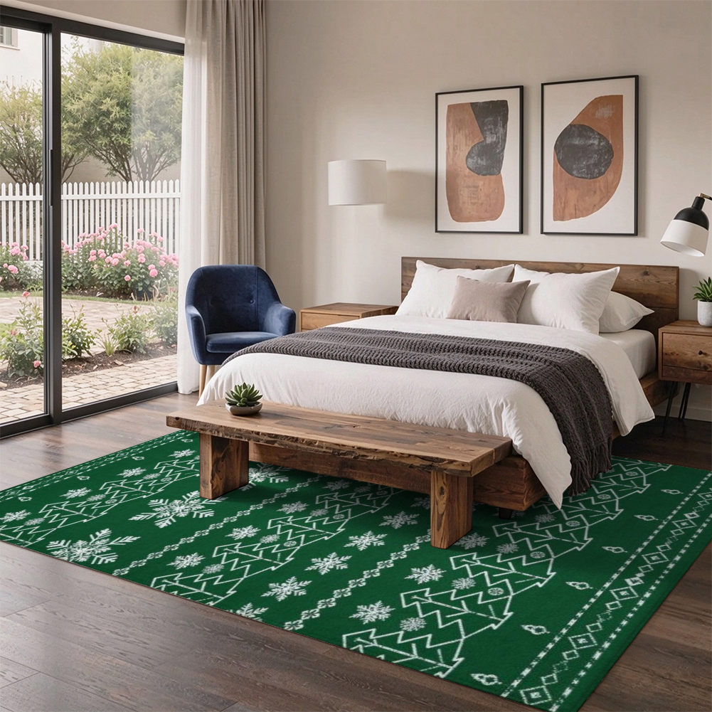 Emerald Christmas Tree Washable Area Rug, Green White Snowflake Non Slip Holiday Rug for Living Room