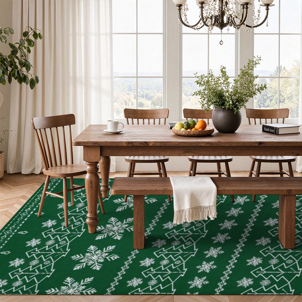 Emerald Christmas Tree Washable Area Rug, Green White Snowflake Non Slip Holiday Rug for Living Room