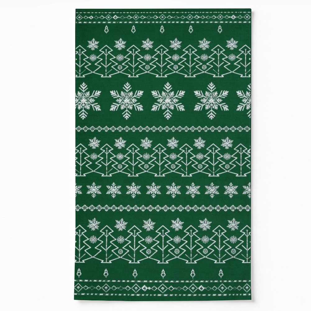 Emerald Christmas Tree Washable Area Rug, Green White Snowflake Non Slip Holiday Rug for Living Room