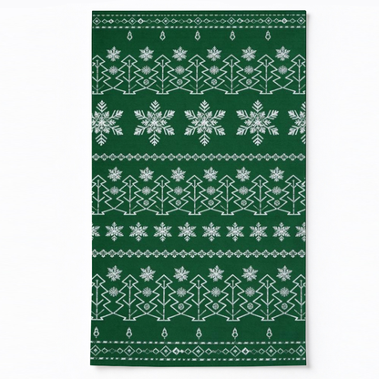 Emerald Christmas Tree Washable Area Rug, Green White Snowflake Non Slip Holiday Rug for Living Room