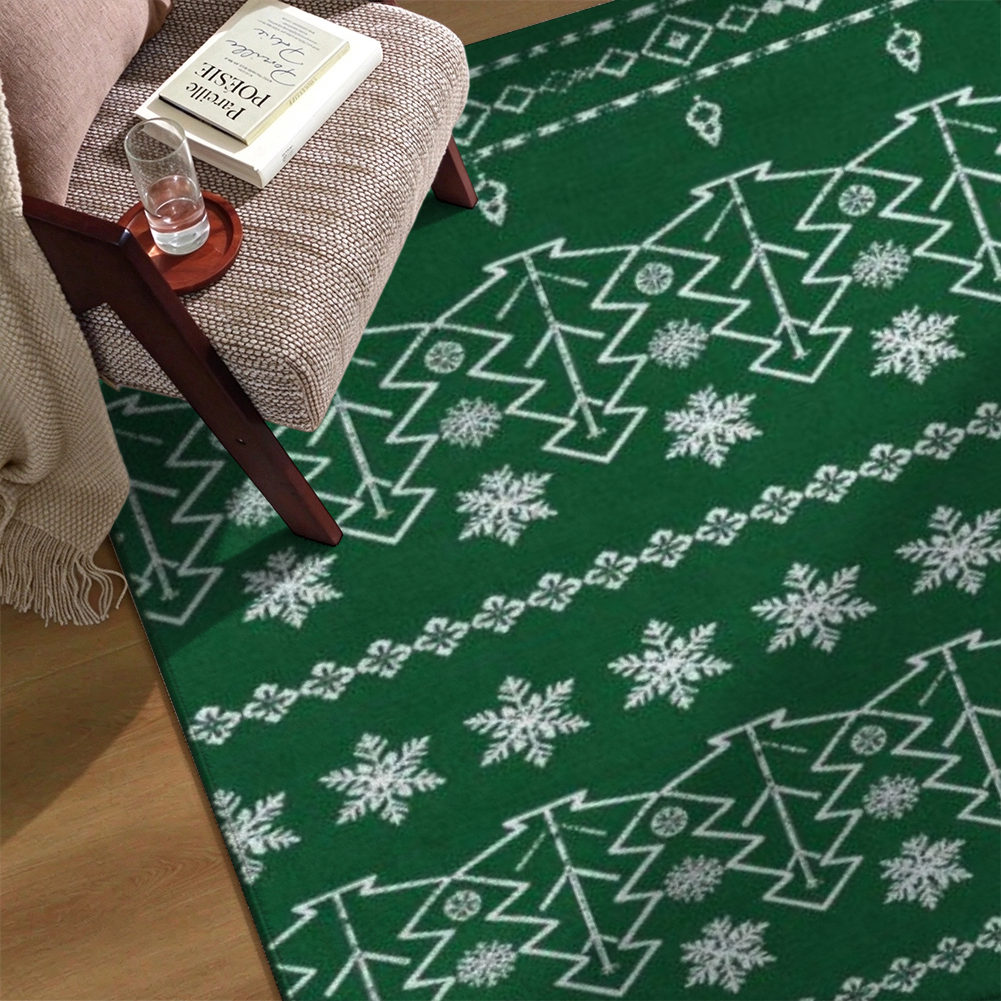 Emerald Christmas Tree Washable Area Rug, Green White Snowflake Non Slip Holiday Rug for Living Room