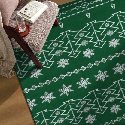 Emerald Christmas Tree Washable Area Rug, Green White Snowflake Non Slip Holiday Rug for Living Room