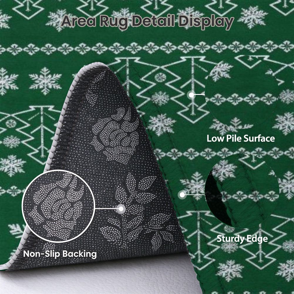 Emerald Christmas Tree Washable Area Rug, Green White Snowflake Non Slip Holiday Rug for Living Room