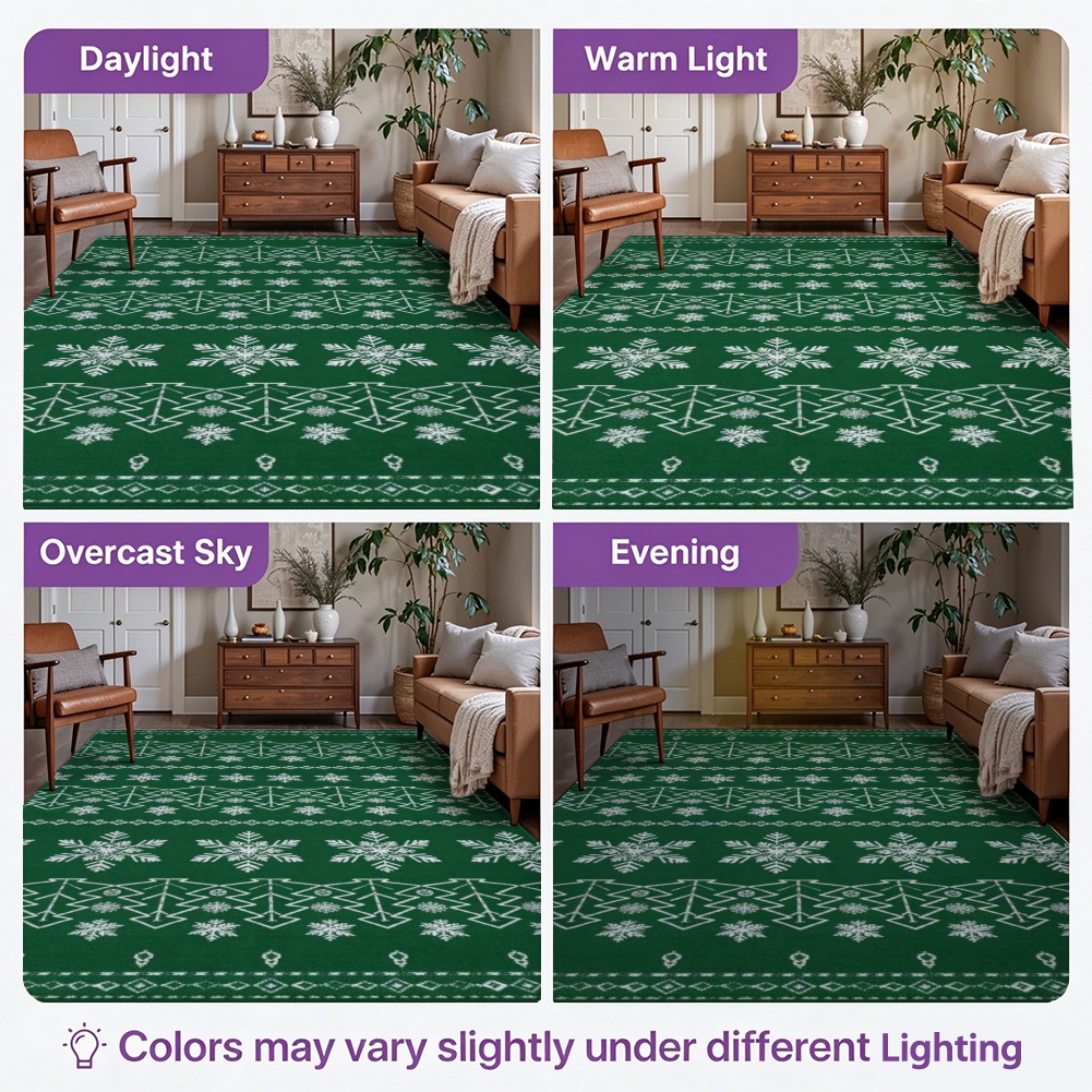 Emerald Christmas Tree Washable Area Rug, Green White Snowflake Non Slip Holiday Rug for Living Room