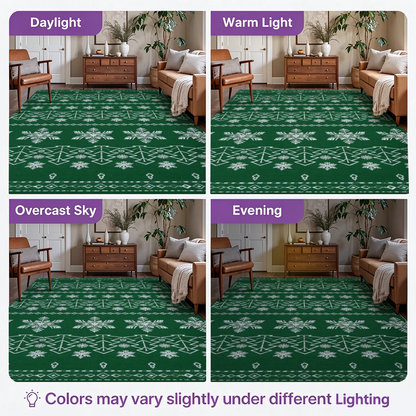 Emerald Christmas Tree Washable Area Rug, Green White Snowflake Non Slip Holiday Rug for Living Room